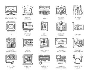 Software and hardware line icons. Vector outline computer cpu, pc memory chip, ram, mouse and keyboard, motherboard, network cable, ssd disk drive and wifi router. Thin line monitor, case, repair tool