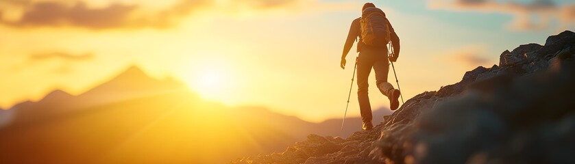 Obraz premium mountain trail, adventure, challenge, determination, natural beauty, close up, focus on, copy space, earthy tones, rugged textures, Double exposure silhouette with a hiker climbing