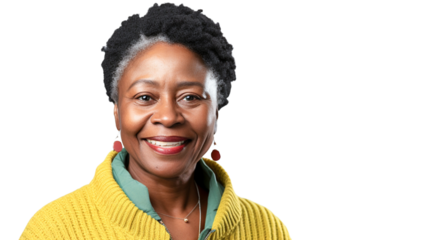 Portrait of middle-aged african american woman isolated on transparent background PNG.
