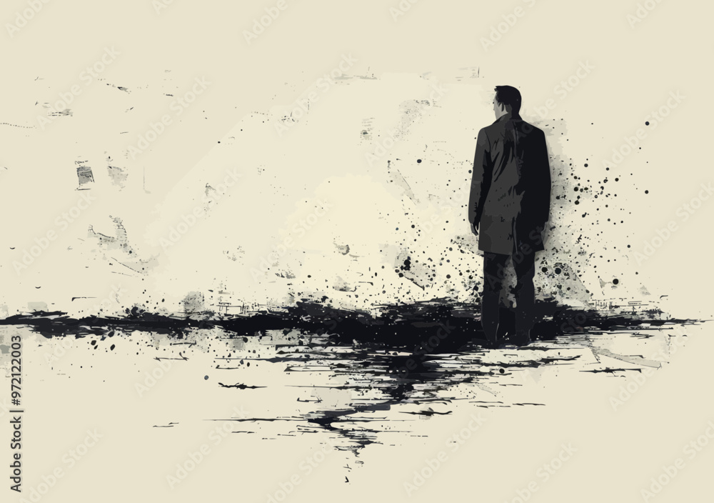 Poster manager looking into hole shaped like falling arrow symbolizing project failure, minimalistic vector