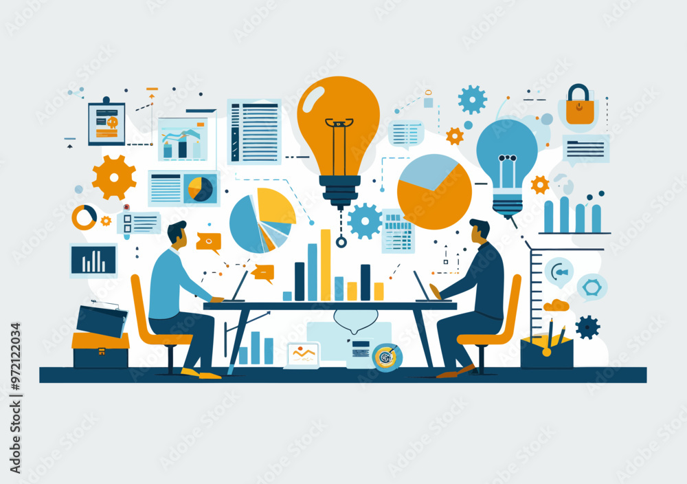 Poster business strategy meeting illustration with two professionals collaborating on marketing analysis an
