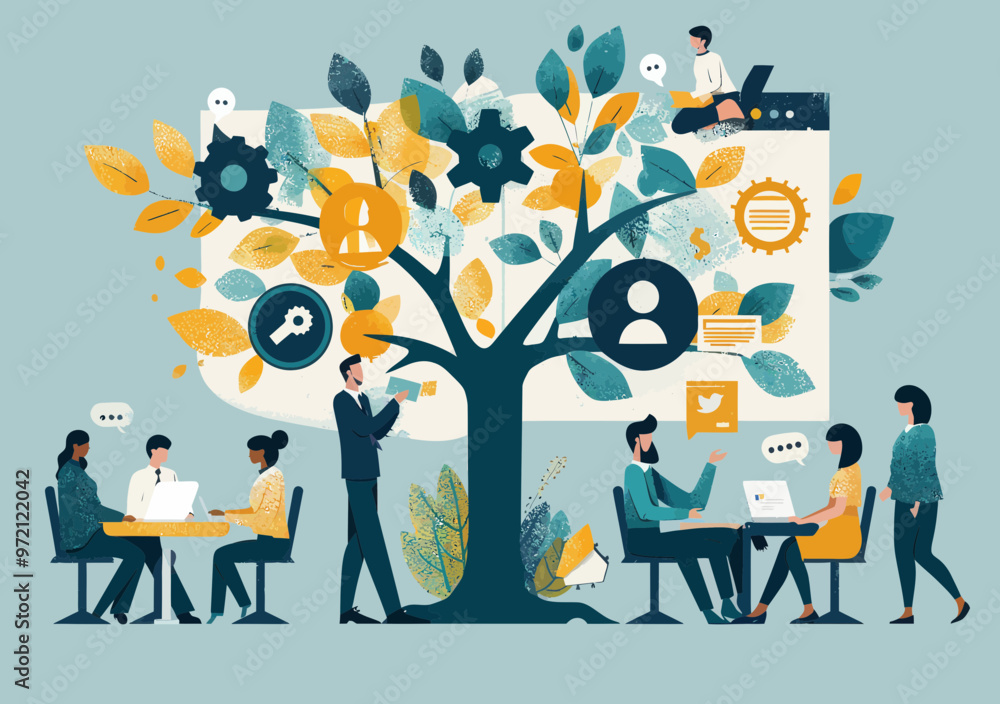 Aufkleber collaborative business teamwork concept with growth tree and flat vector illustration depicting offi