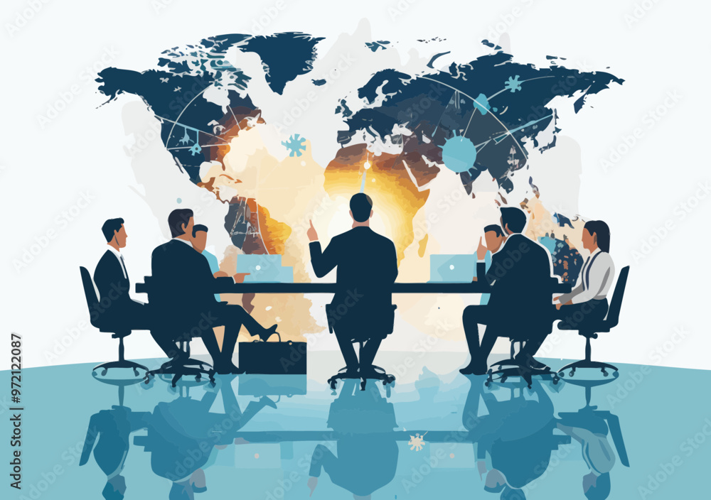 Poster business leader discussing global trade strategies with team around arrow-shaped table pointing to g