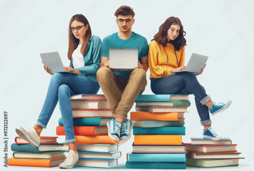 Poster business team collaborating on laptops while sitting on large stack of books, concept of learning an