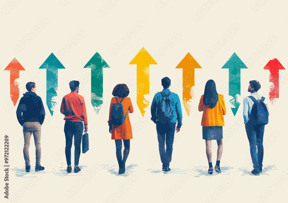 Poster business team facing multiple arrows in various directions confidently deciding path forward with de