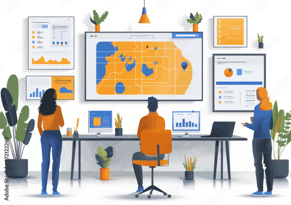 Poster minimalistic vector illustration of three people analyzing a business plan with charts and graphs on