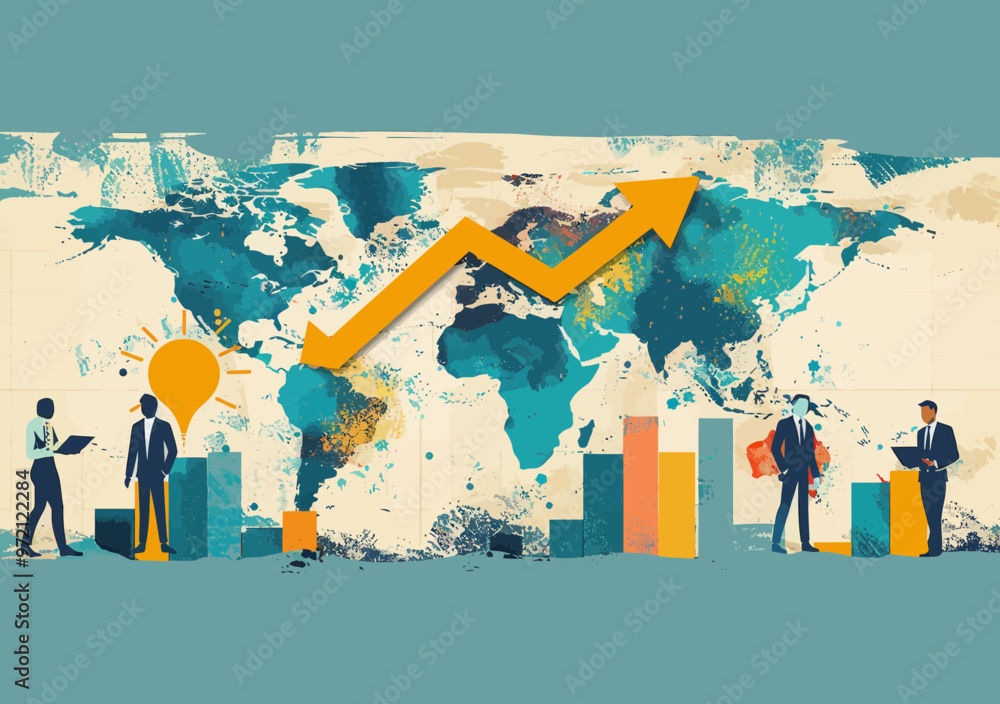 Poster global business team discussing strategy with rising arrow on world map backdrop for success and gro