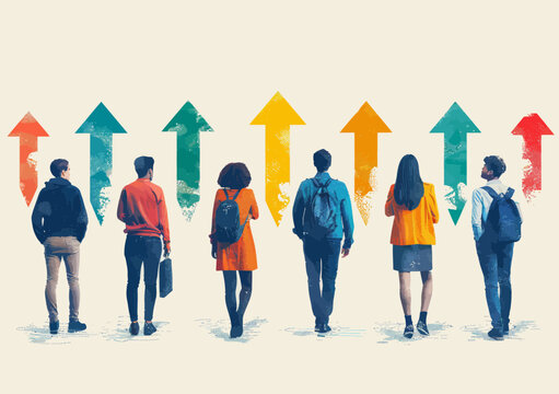 Business Team Facing Multiple Arrows in Various Directions Confidently Deciding Path Forward with Determination and Strategy Conceptual Illustration