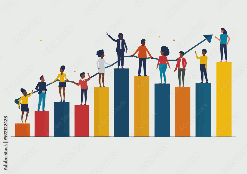 Poster diverse business team collaborating and pointing at rising bar graph for growth and success concept