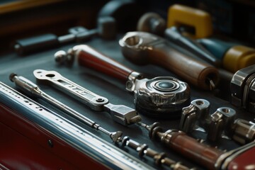 Naklejka premium Close-up of a Tool Set in a Red Toolbox