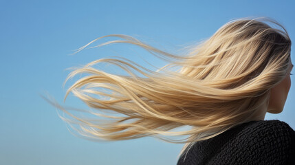 Flowing Freedom: Windswept Blonde Hair against a Clear Blue Sky 