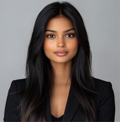 Fototapeta premium a beautiful young Indian woman, in her mid-20s, and wearing professional attire. has expressive eyes, and is standing in front of a neutral background suitable for a news studio, anchor for delivering