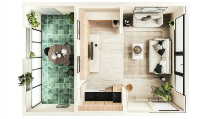 Top-Down View of a Modern Apartment with Green Tile Balcony