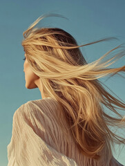 Windswept Beauty: A woman with flowing blonde hair stands against a backdrop of a bright blue sky, her long locks dancing in the wind, capturing a sense of freedom and tranquility.  