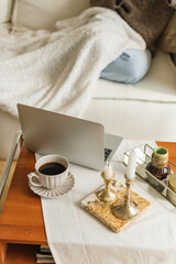 The modern interior of the living room with home accessories on the coffee table and a laptop computer next to a comfortable sofa where a woman relaxing.