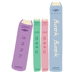 Books in a row, four books lined up, cute hand-drawn illustration / 並んだ本、本が4冊並んでいる、かわいい手描きのイラスト