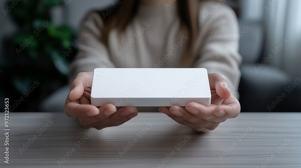 Poster Tech influencer unboxing a new gadget in a minimalist environment White table and simple background allow full focus on the product as it's being carefully unpacked and displayed Large space for text