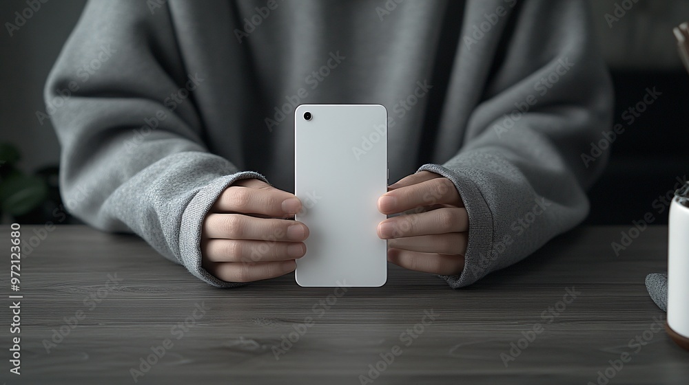 Aufkleber Tech influencer unboxing a new gadget in a minimalist environment White table and simple background allow full focus on the product as it's being carefully unpacked and displayed Large space for text