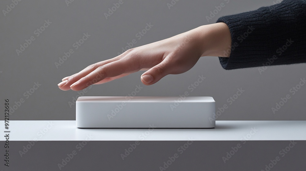 Aufkleber Tech influencer unboxing a new gadget in a minimalist environment White table and simple background allow full focus on the product as it's being carefully unpacked and displayed Large space for text