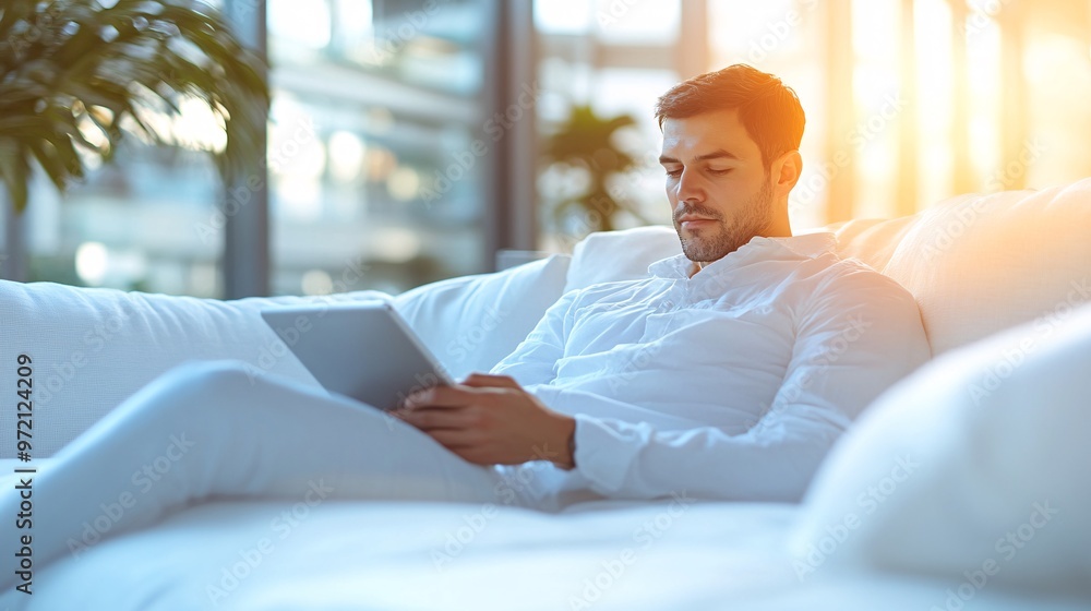 Poster Close-up of a tech influencer managing a smart home system from a tablet while relaxing on a modern couch Bright environment and clean lines focus attention on the simplicity of tech use Large space