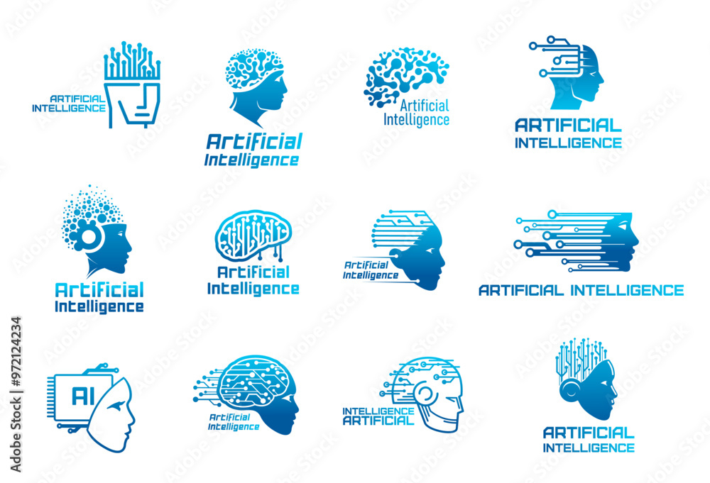 Fototapete AI artificial intelligence icons, machine learning, data technology. Robot and human head with tech brain vector silhouettes. Digital brain or mind with chip and computer circuit board pattern symbols