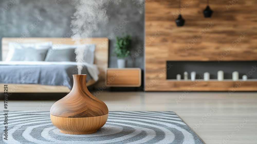 Aufkleber A wellness influencer using a diffuser and essential oils in a minimalist bedroom setting Natural materials and soft lighting create a calming atmosphere that promotes relaxation Large space for text
