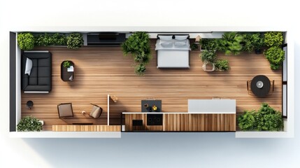 Aerial View of Modern Apartment with Balcony and Plants