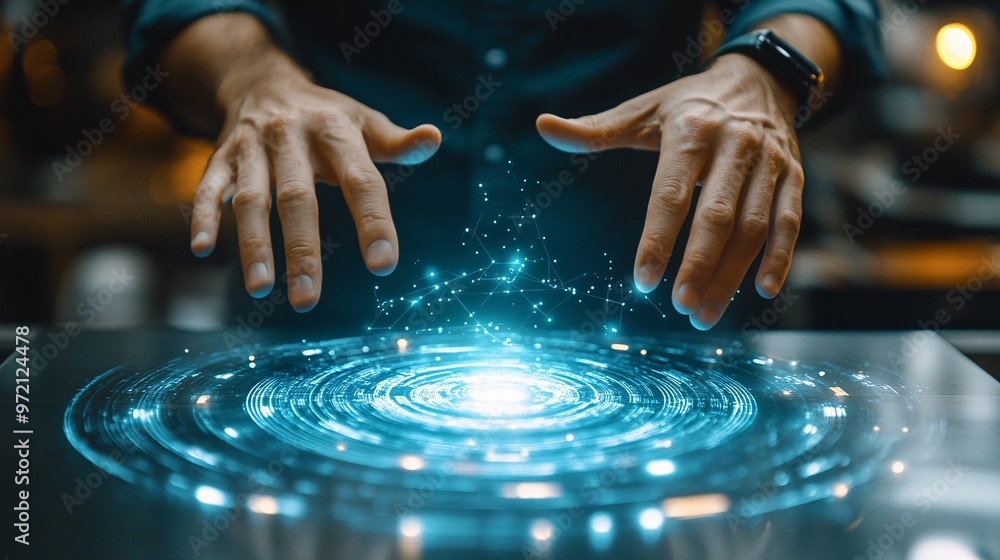 Poster Tech influencer giving a detailed tutorial of a new gadget in a clean futuristic workspace Close-up of hands interacting with the device with a clear focus on its features Large space for text in