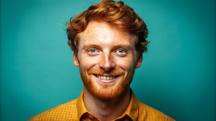 Obraz premium A captivating portrait features a ginger-haired man with a smattering of freckles and a radiant smile, warmly