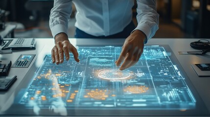 Naklejka premium Tech influencer giving a detailed tutorial of a new gadget in a clean futuristic workspace Close-up of hands interacting with the device with a clear focus on its features Large space for text in