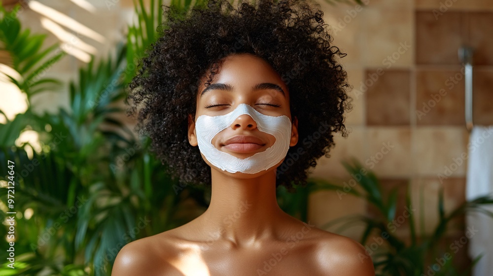 Poster beauty influencer applying a sheet mask in a brightly lit bathroom setting clean background and natu