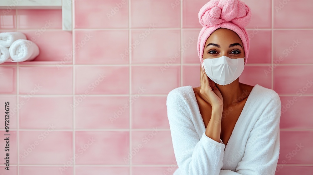 Poster beauty influencer applying a sheet mask in a brightly lit bathroom setting clean background and natu
