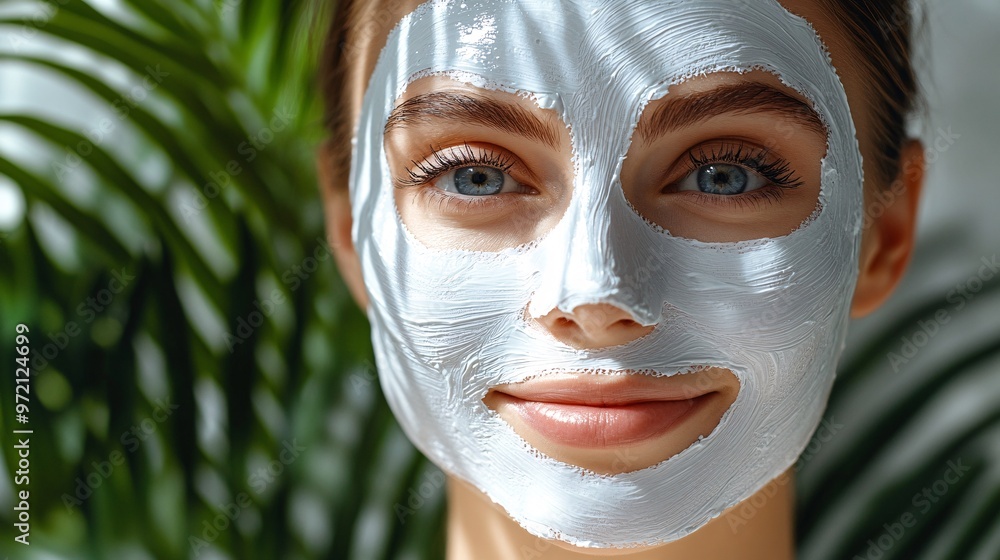 Poster beauty influencer applying a sheet mask in a brightly lit bathroom setting clean background and natu