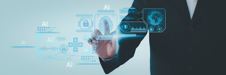 Cyber security and futuristic technology concept businessman using finger to touch fingerprint...