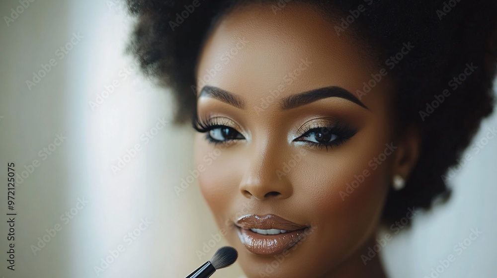 Poster authentic beauty influencer applying makeup in a clean well-lit bathroom environment with a simple b