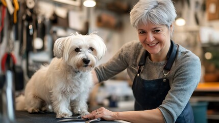 Professional Pet Groomer Showcasing Grooming Techniques with Scissors and Products 