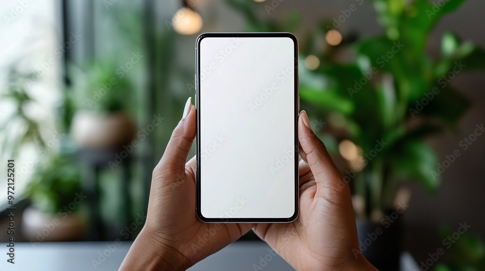 Poster Influencer reviewing a new smartphone in a clean tech workspace The device is front and center while hands demonstrate key features The background is modern with clean lines and no distractions Large