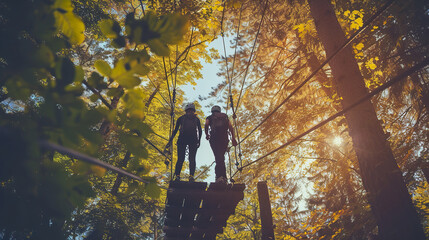 Couple navigating high ropes course among trees during outdoor adventure