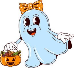 Cartoon retro groovy Halloween ghost character with candies in pumpkin bucket, vector funny boo. Halloween holiday trick or treat party funky girl ghost with monster pumpkin basket of spooky sweets © Vector Tradition