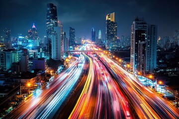 Obraz premium Nighttime Cityscape with Light Trails on Highway