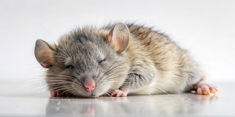A deceased gray rodent rests motionless on a stark white background, its closed eyes and matted fur a