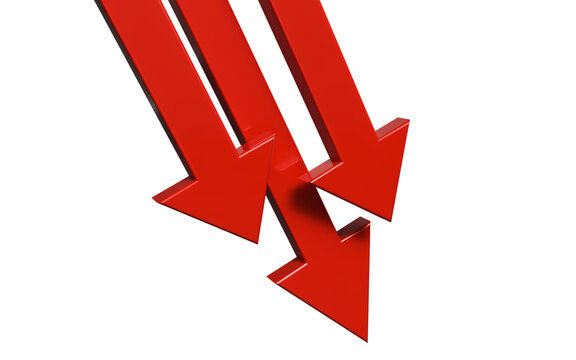 Red 3d arrows pointing downwards. Describing decrease or drop.