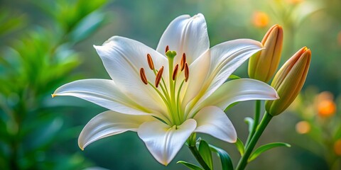 Fototapeta premium A delicate elegant white lily blooms on a slender green stem, showcasing vibrant orange-tipped anthers against a serene