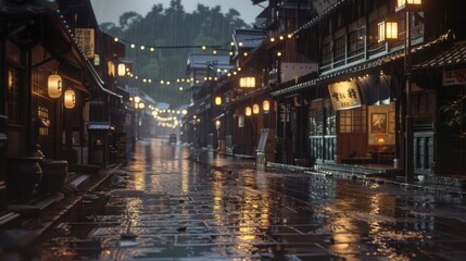 Fototapeta premium old town on a late rainy evening, wet pavement, street lights, old architecture in Japanese or Chinese style