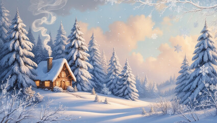 A peaceful snowy landscape with a cozy cabin