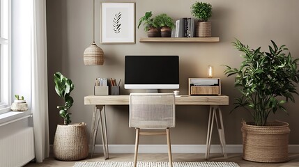 Serene Home Office Setup with Desktop Computer and Neutral Tones 