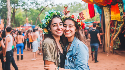 Two smiling women at outdoor festival with floral crowns, celebrating friendship and summer joy