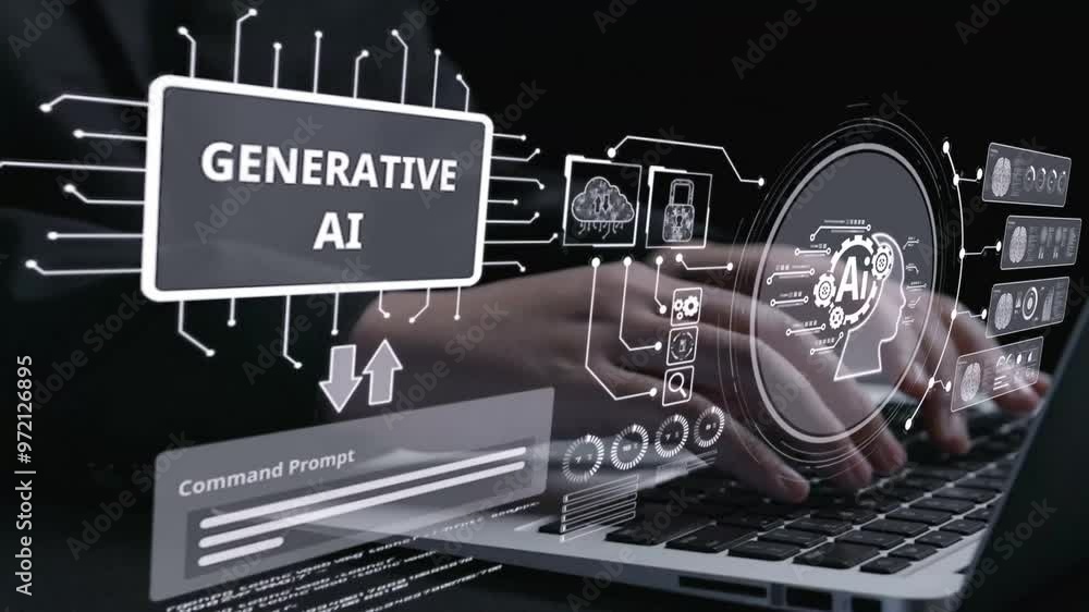 Poster human interact with ai artificial intelligence brain processor in concept of ai artificial intellige