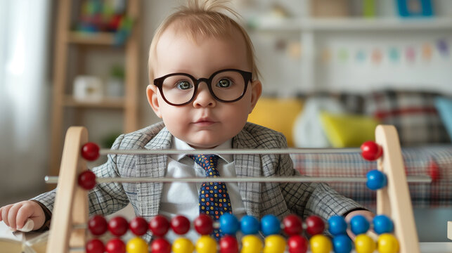 Little baby using abacus with suit and tie