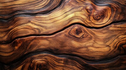 Close-up of Wavy Wood Grain with Knots and Deep Brown Tones